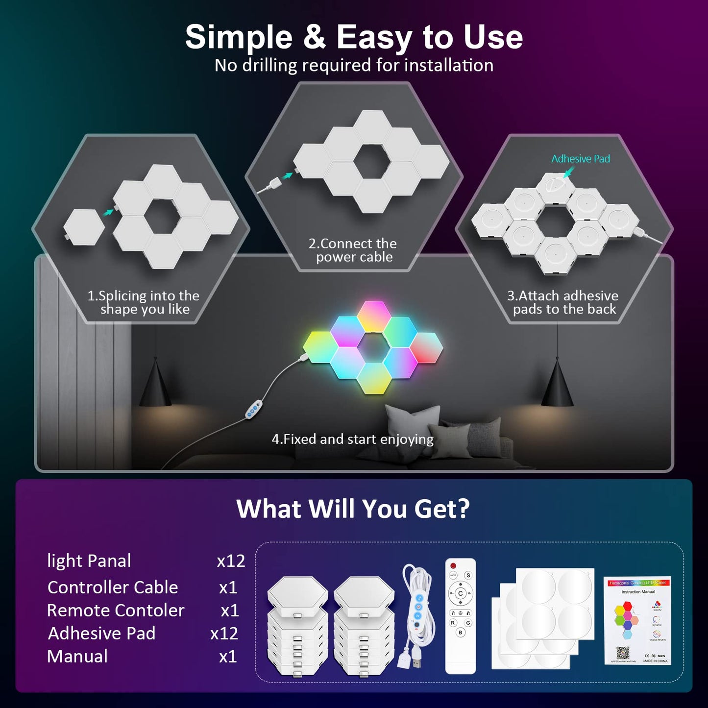 OJQ 12 Pack Hexagon Lights Wall RGB Panel - Led Lights Gifts for Men Birthday Room Decor Lamp for Bedroom Gaming Equipment Gamer Supps Honeycomb Shape Panels Hexagon Gaming Lights