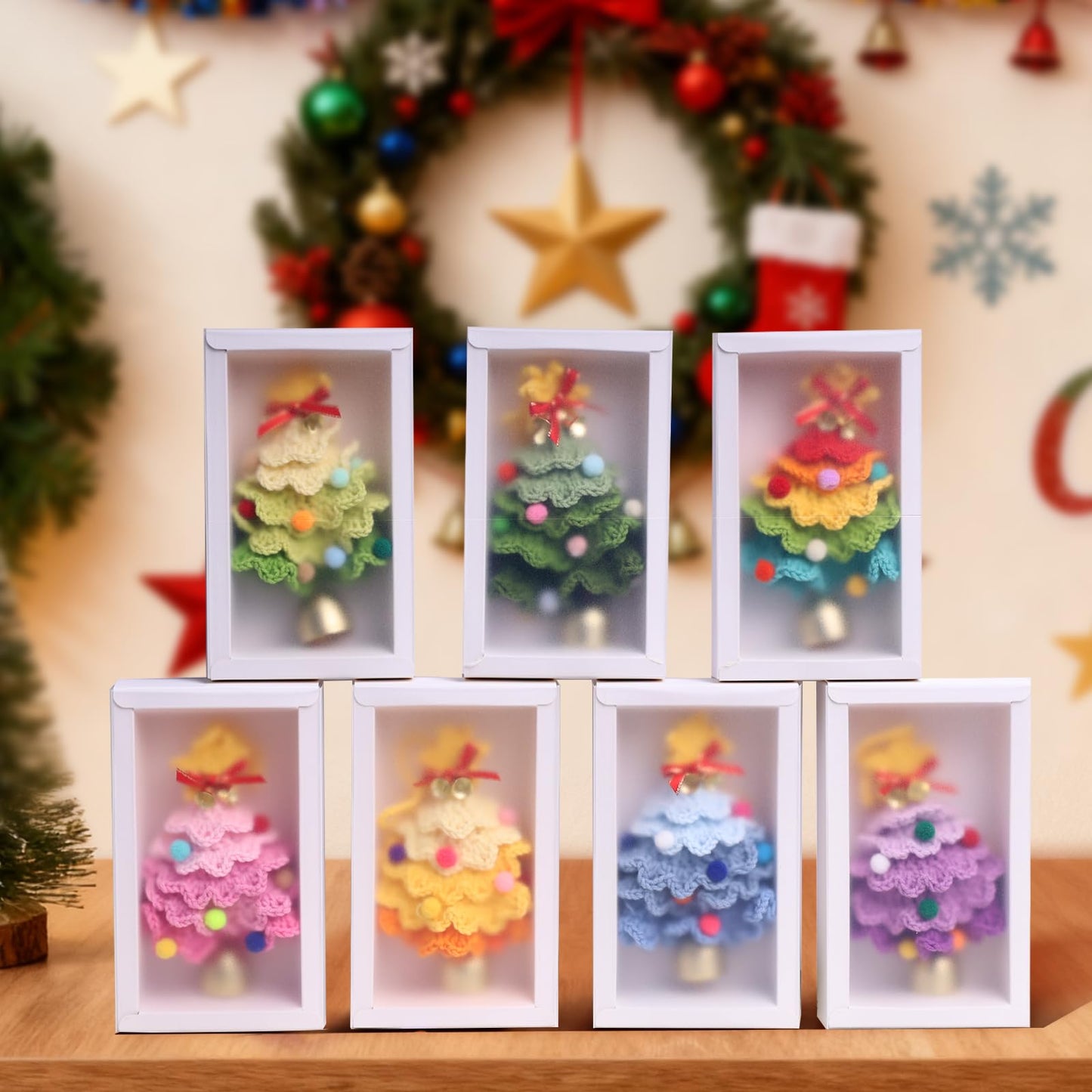 JSSTEM Handmade Crochet Christmas Tree, Hand-Knitted Ornaments Car Pendant with Bells, Stars, Bows & Pom Poms, Cotton Xmas Decor for Holiday Tree, Festive Gift, Home, Car and Party Decor, Blue