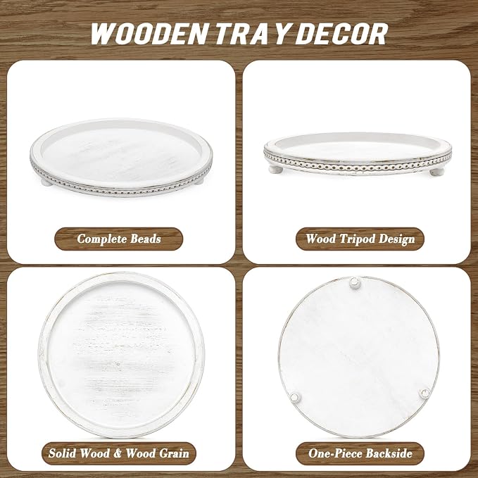Handmade 12 Inch Decorative Tray, Small Beaded Tray Coffee Table Decor, White Washed Round Wooden Tray for Coffee Table, Dining Room Table Entryway and Living Room