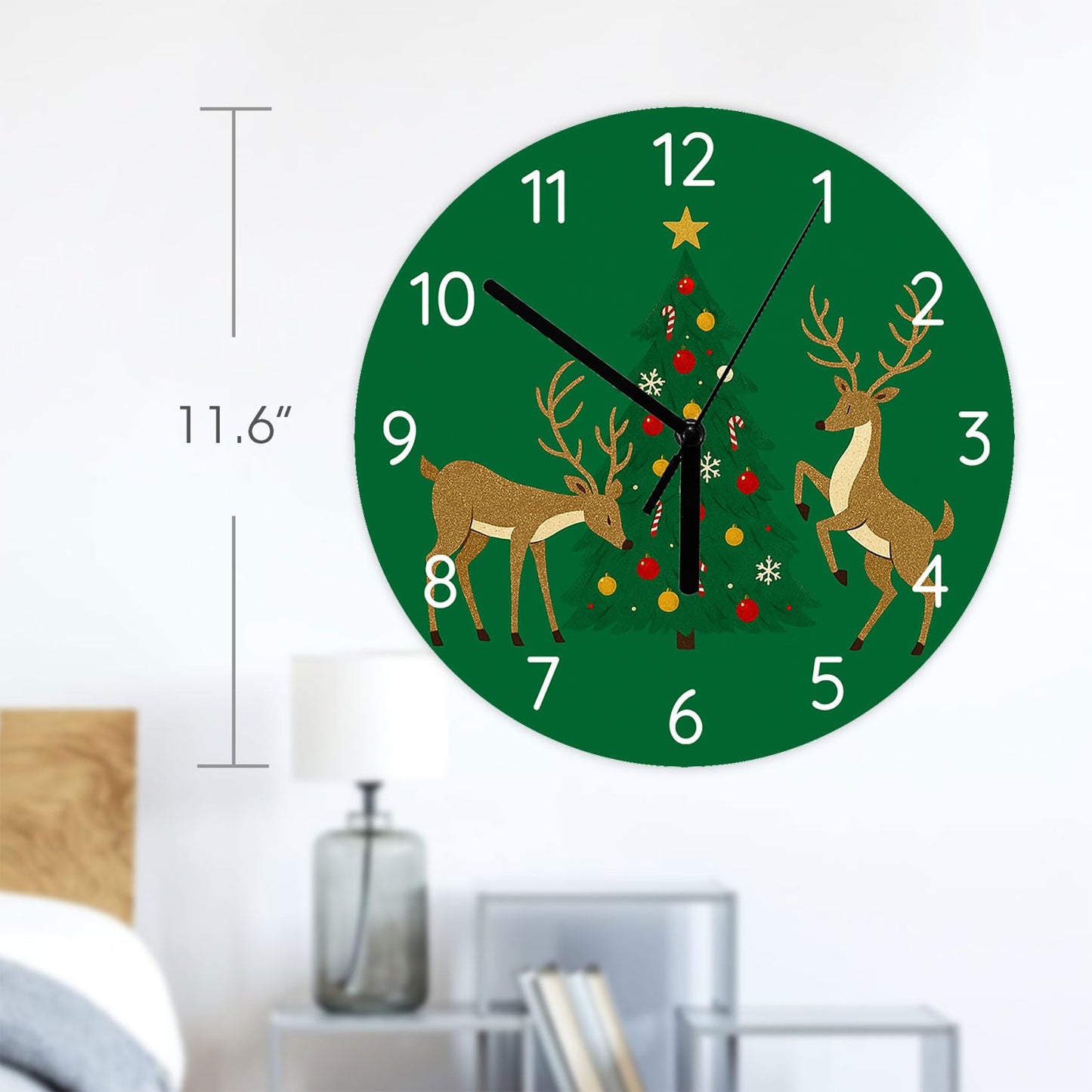Ivyyvi Green Christmas Wall Clock 11.6 Inch Non-Ticking Silent Battery Operated Round Wall Clock Xmas Decor Clocks for Home Office School Kitchen Bedroom Living Room Funny