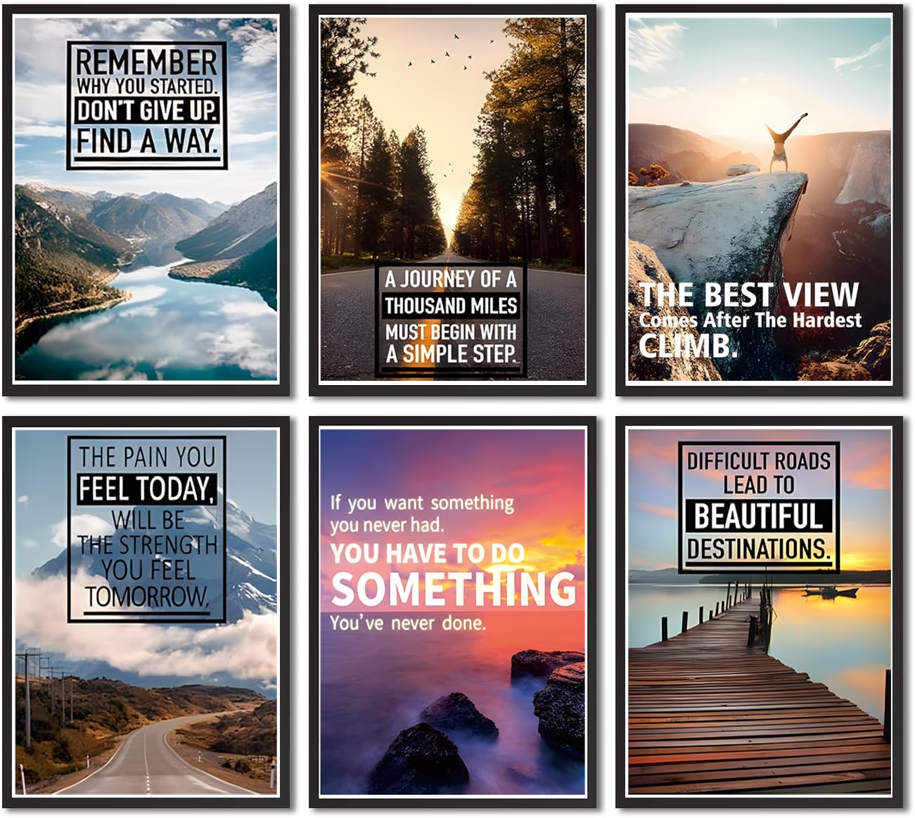 Zhfmoir Motivational Wall Art Posters Set of 6, Inspirational Quotes Canvas Prints Mountain Nature Landscape Wall Decor for Office Classroom Gym Bedroom Home Decor 8x10 Unframed