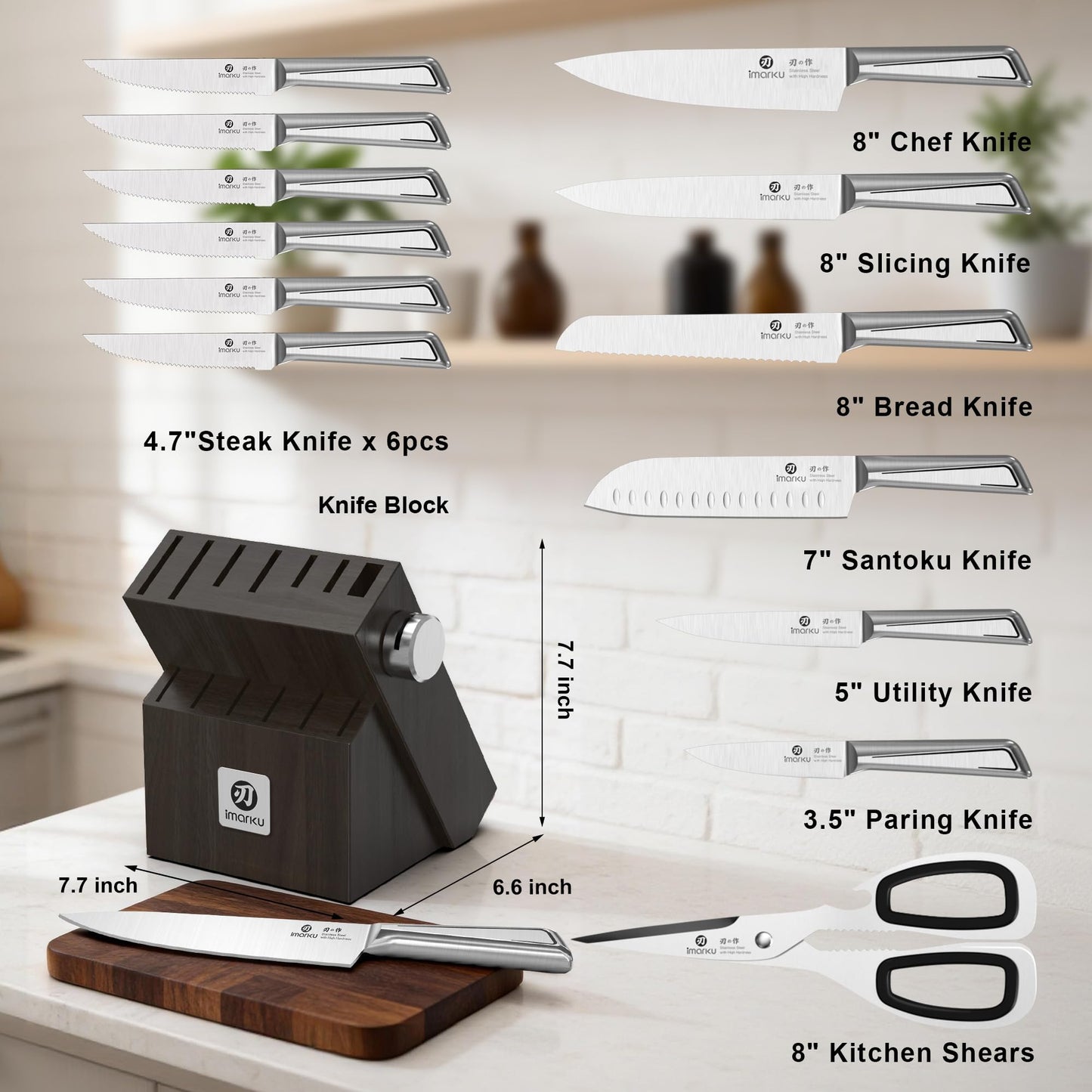 imarku Japanese High Carbon Stainless Steel Knife Set with Block, Precision-Forged Gyutou Kitchen Knives with Built-in Sharpener, Ultra-Sharp 10β15Β° Edge, Ergonomic Non-Slip Handle, Dishwasher Safe