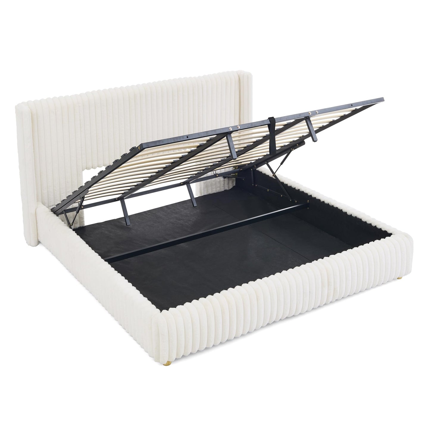 Tabaray King Bed Frame with Storage, Upholstered Platform Bed Frame with Plush Rabbit Fur Headboard, Adult Floor Bedframe with Wooden Slats Support, No Box Spring Needed for Bedroom, Apartment, Beige