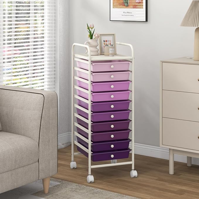 COSTWAY 10-Drawer Rolling Storage Cart, Utility Mobile Trolley with Removable Drawers & Universal Casters & 2 Brakes, Versatile Flexible Drawer Organizer Cart for Home, Office, Purple Gradient