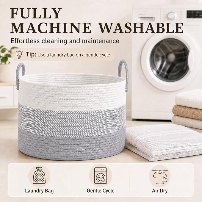 JMvicyroam 115L Extra Large Blanket Basket for Living Room - Woven Cotton Rope Laundry Hamper with Reinforced Handles - Storage Bin for Pillows, Comforters & Toys - Machine Washable,White&Grey Mix