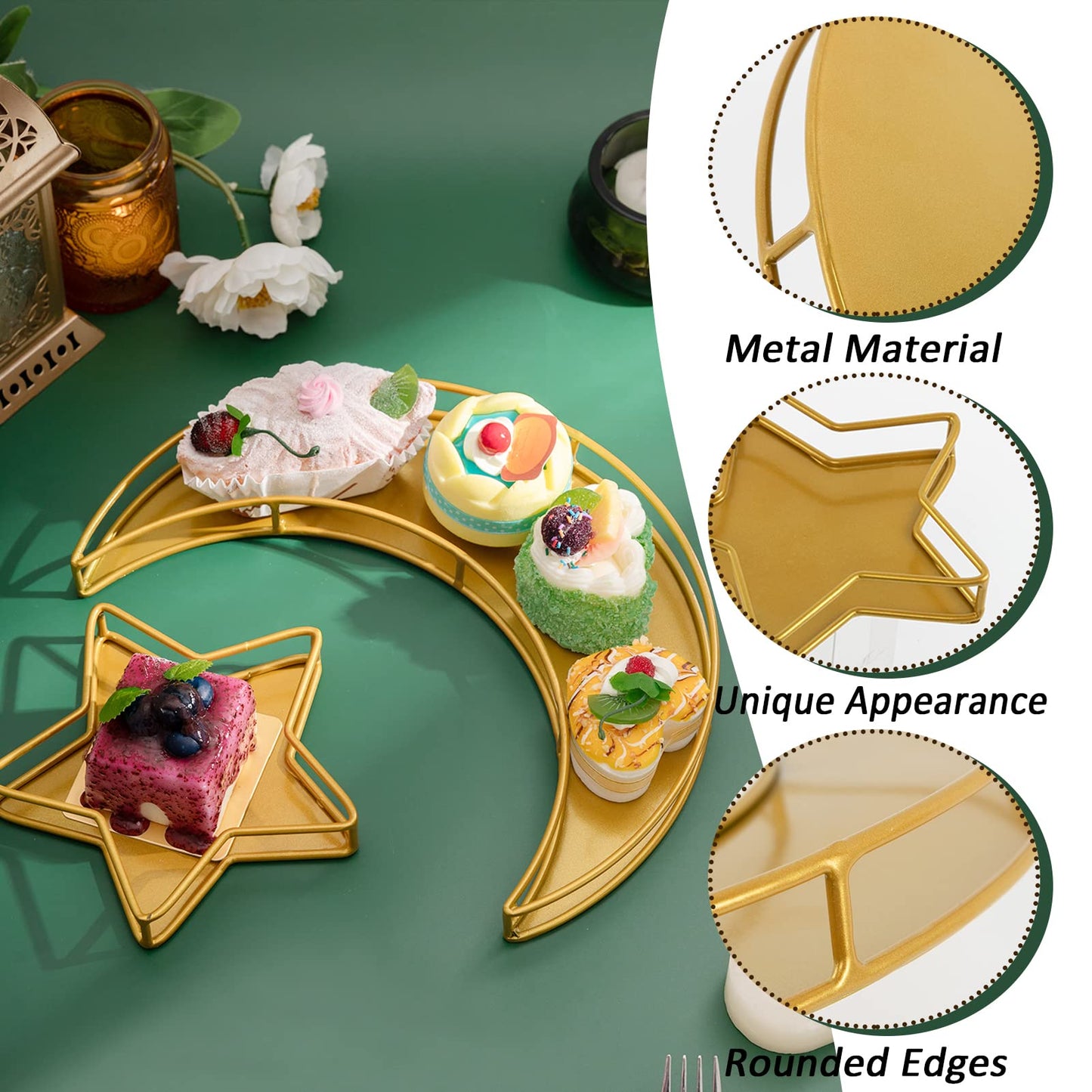 2PCS Ramadan Serving Trays Decorations for Home - Moon Star Shaped Eid Mubarak Table Decor Gifts, Islam Muslim Al-Fitr Iftar Party Crescent Iron Platters Dishes (Hollowed-Out)