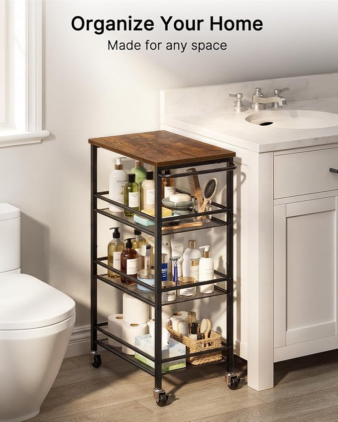 Pipishell Slim Storage Cart with Wheels, 4 Tier Rolling Bathroom Storage Cart with Handle and Wood Top, Metal Slim Kitchen Cart for Laundry Room, Bathroom, Kitchen, Narrow Space, Black & Rustic Brown