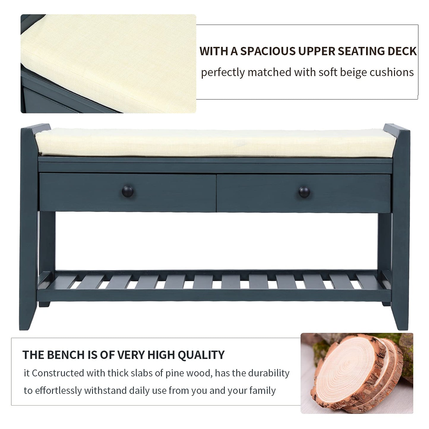 Acosure 42″ Storage Bench with 2 Drawers and 2 Cabinets,Multipurpose Entryway Shoe Rack W/Removable Cushion,for Living Room Hallway Porch,White