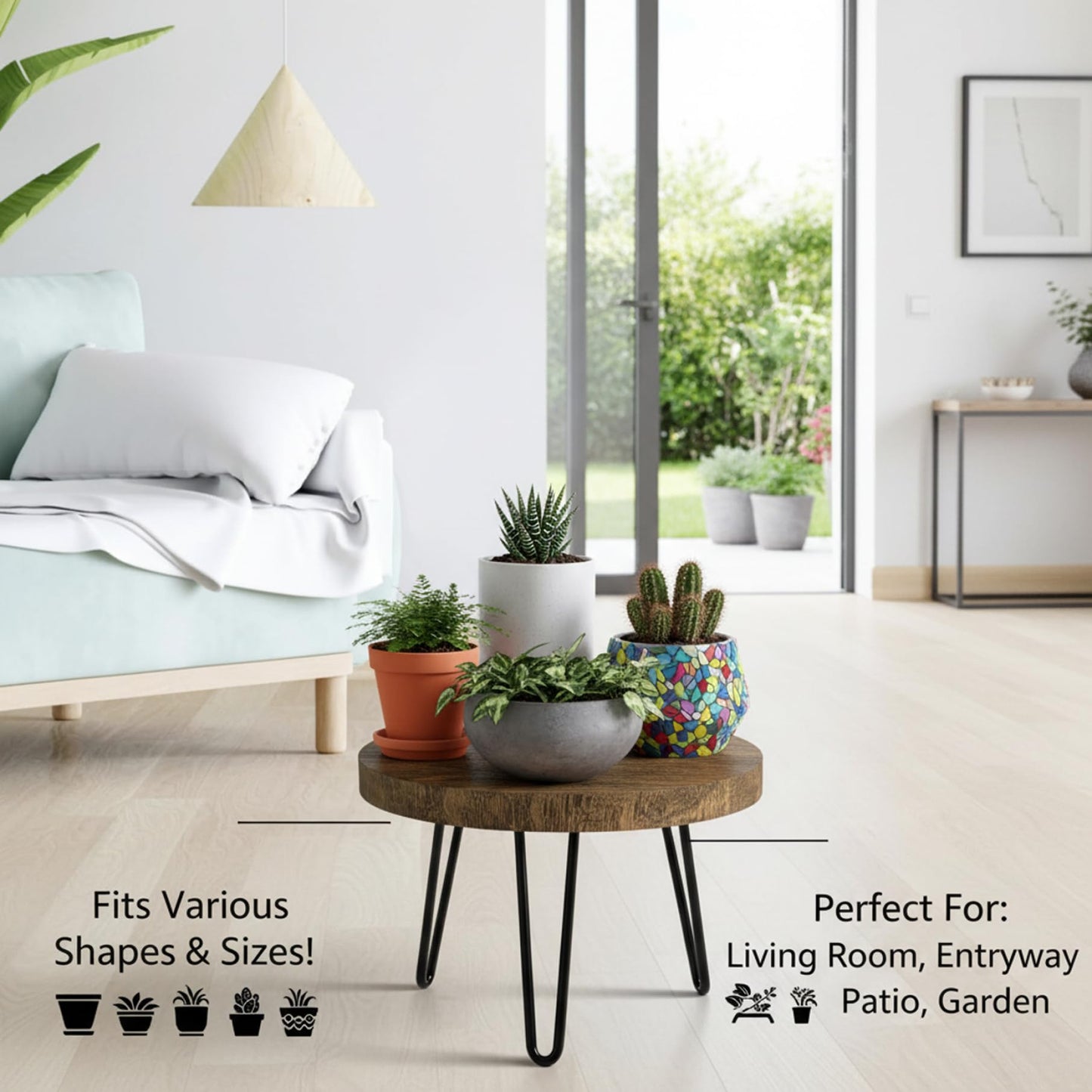 Grsrkep Single Plant Stand Indoor - 10 Inch Wood Plant Stand & Metal Leg Natural Grain Sturdy Decorative Plants Holder for Home, Garden, and Entryway