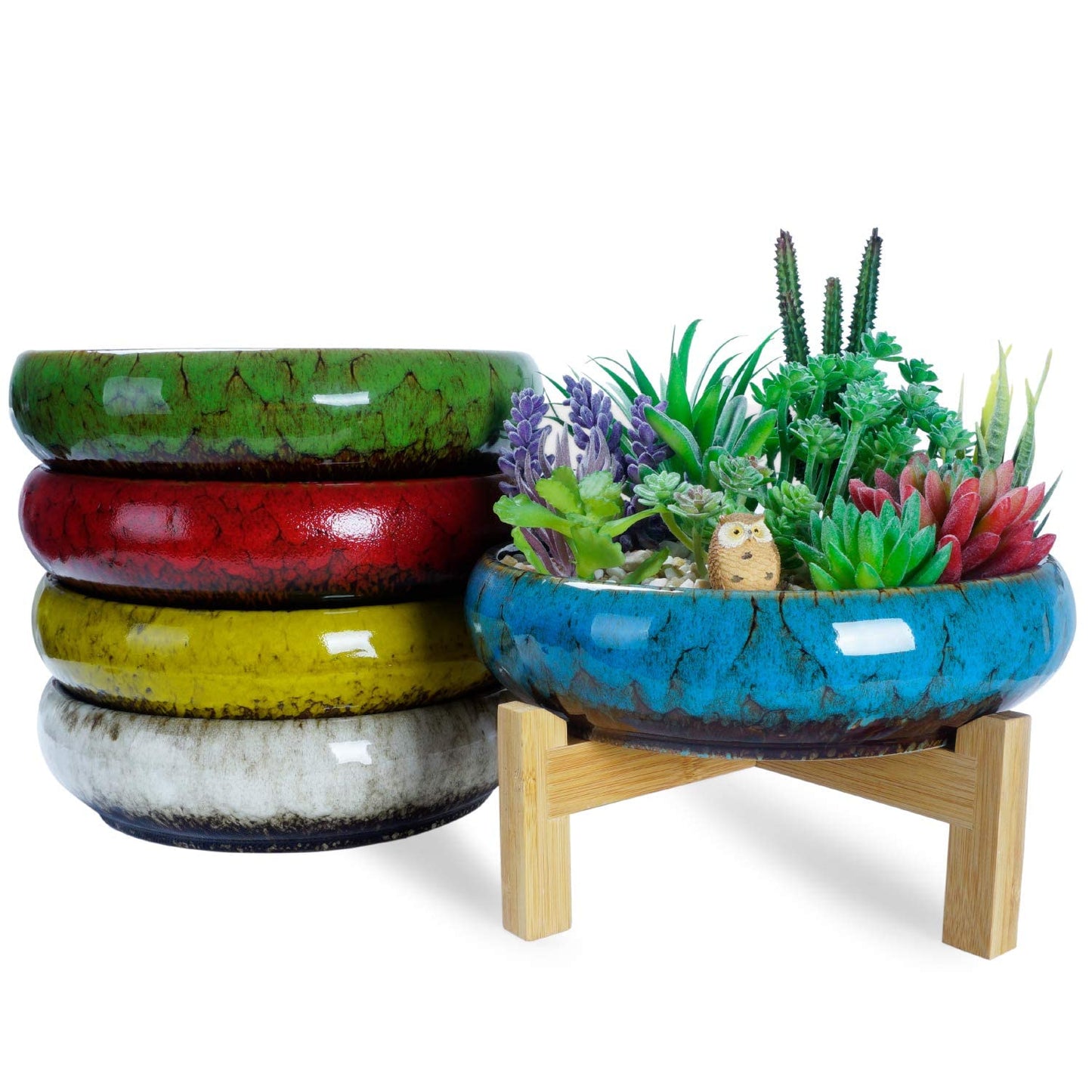 ARTKETTY Succulent Pot, 10 Inch Large Succulent Planter Pot with Stand, Ceramic Bonsai Pot with Mess Drainage Screen Shallow Cactus Flower Pot for Indoor/Outdoor Plants