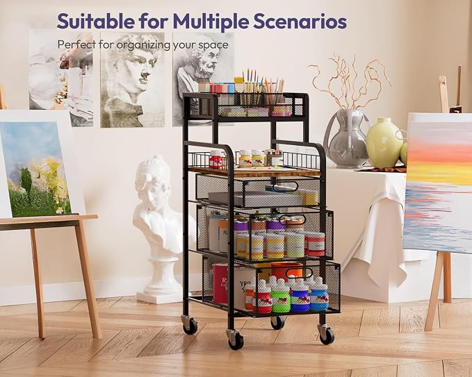 SWTYMIKI Rolling Cart with Drawers - Metal Craft Cart with Wheels, DIY Divider and Wood Shelf, Art Supply Organizer Craft Organizer and Storage, Utility Storage Cart for Home Office Studio, Espresso