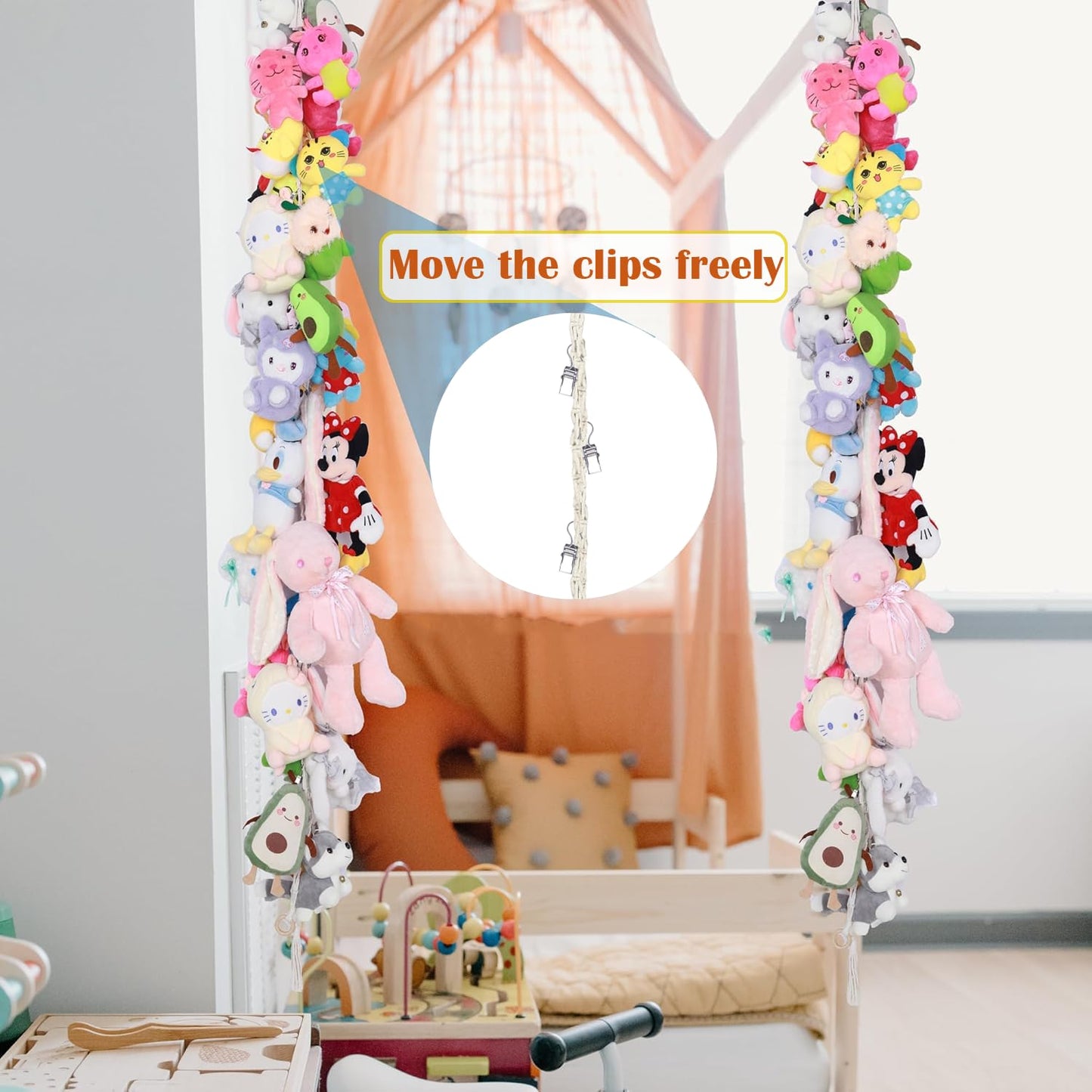 LONCHDAN 80" 2 Pack Cotton Hanging Storage Chain for Stuffed Animals Storage with 40 Metal Clips Stuffed Animal Organizer Chain for Wall Corner Nursery Play Room