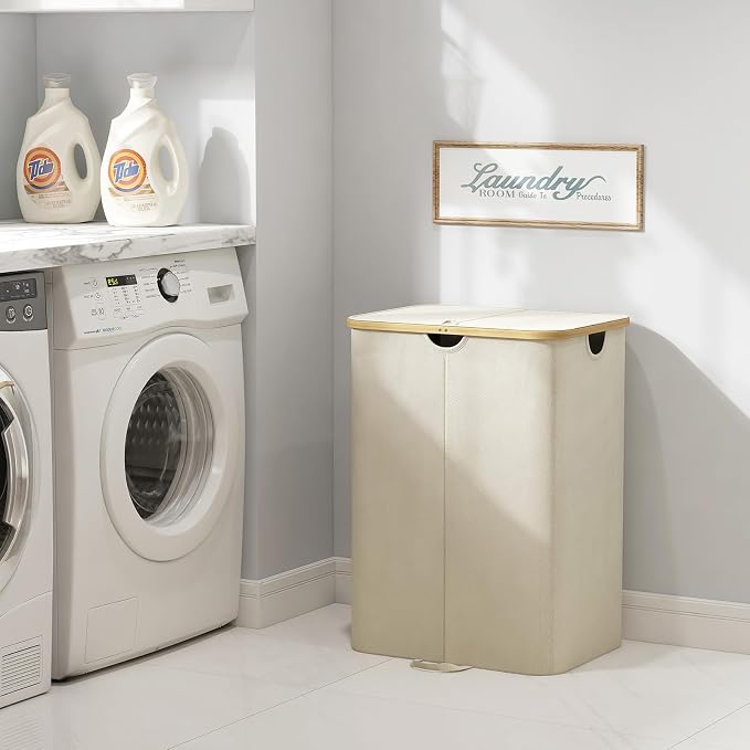 Lifewit 150L Double Laundry Hamper with Lid, Large Laundry Basket with Removable Bag & Bamboo Handles, Fodable Tall Dirty Clothes Hamper for Laundry Collapsible Bin for Bathroom Bedroom Dorm, Beige