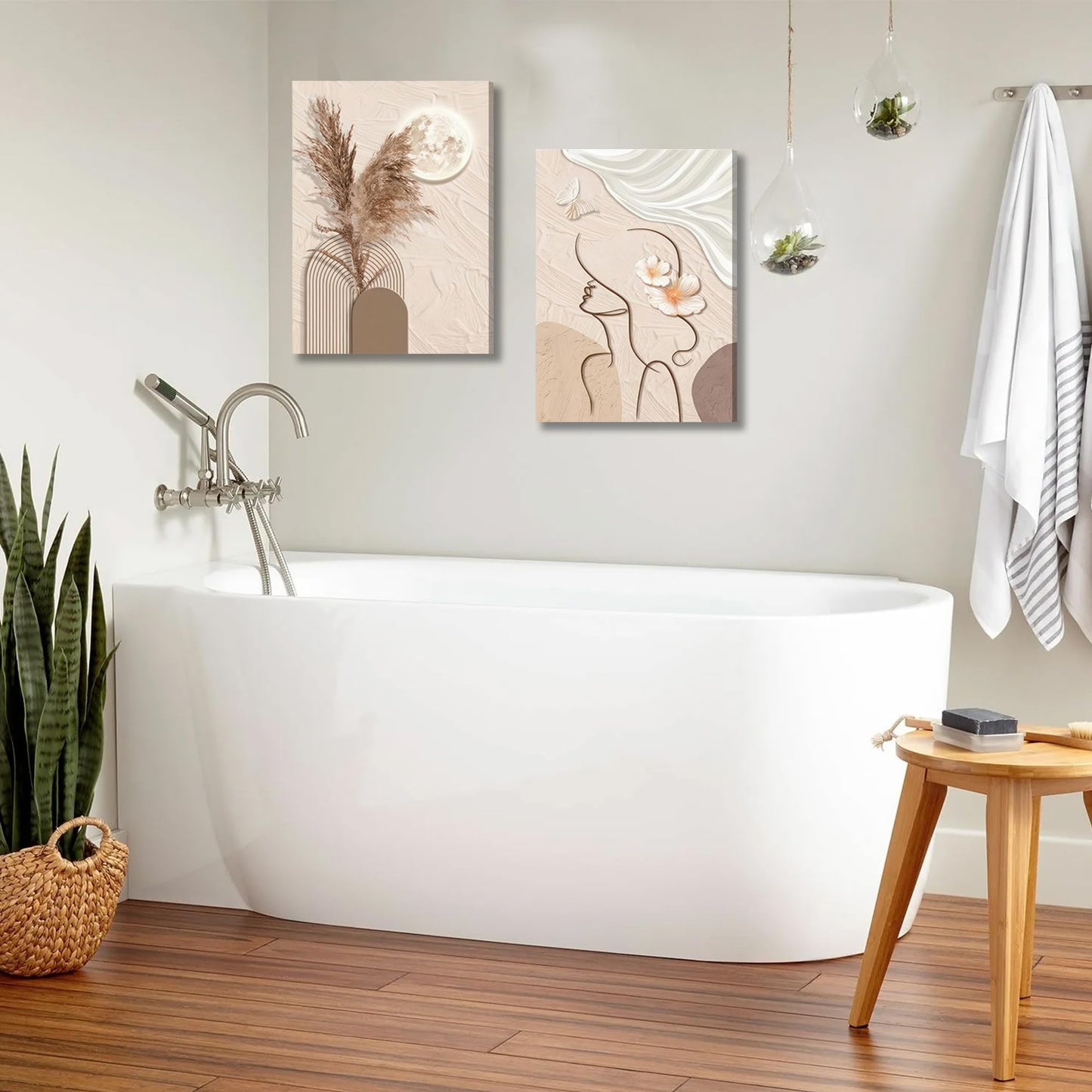 TJRRKYHY 2Pcs Modern Boho Abstract Canvas Wall Art Beige Minimalist Woman Line Art Decor Neutral Geometry Prints for Living Room Bedroom Bathroom Home Decor (12x16in canvas)