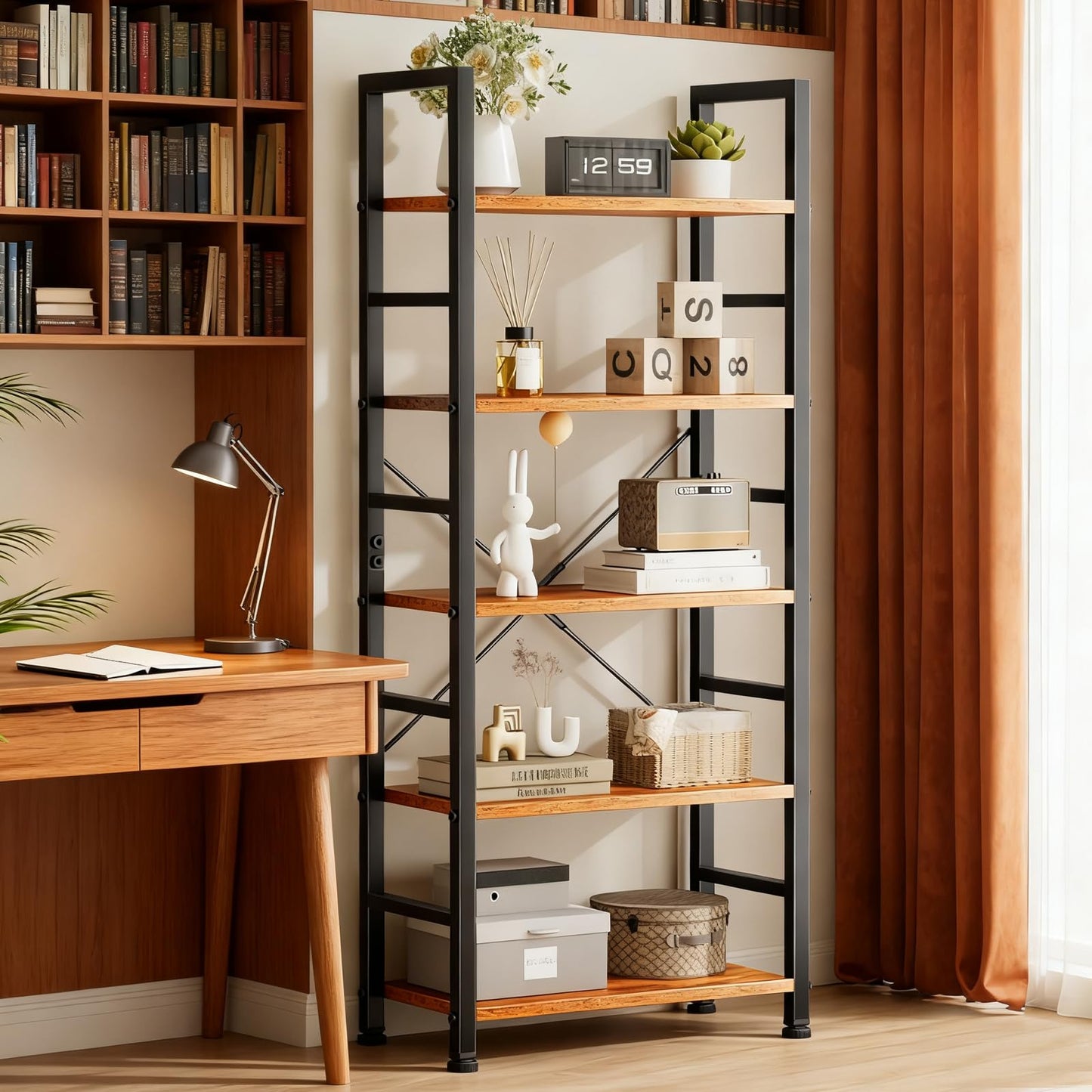 SageNest 5 Tier Bookshelf, Free Standing Wooden Bookcase with Open Storage Shelves with Metal Frame, Sturdy Shelf Organization Display Rack for Living Room, Bedroom, Home Office, 62.2" Tall, Brown