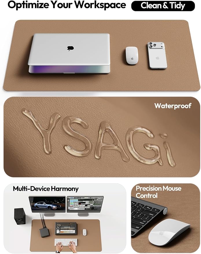 YSAGi Leather Desk Pad Protector, Office Mat, Large Mouse Pad, Non-Slip PU Blotter, Laptop Waterproof Writing for and Home (23.6" x 13.8", Khaki)