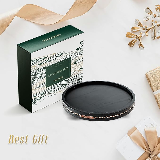 Farmhouse Decorative Round Tray, 11.81 Inch, Versatile Centerpiece Tray for Coffee Table Kitchen Living Room Bathroom, Home Decor Accent Black with Stripes