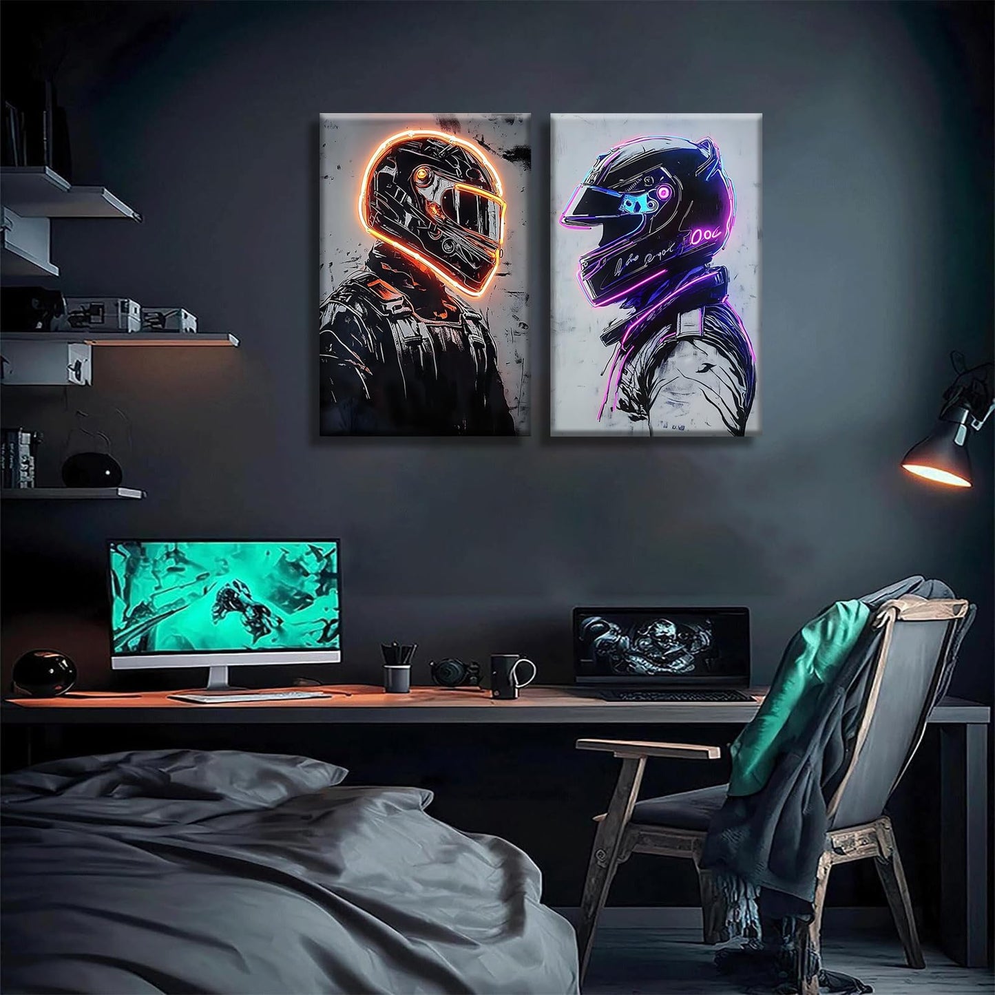 2 Pieces Neon Race Car Driver Canvas Wall Art Racing Helmet Wall Decor Boys Room Poster Prints Esports Room Paintings Pictures for Living Room Bedroom Ready to Hang (12x16in Canvas)