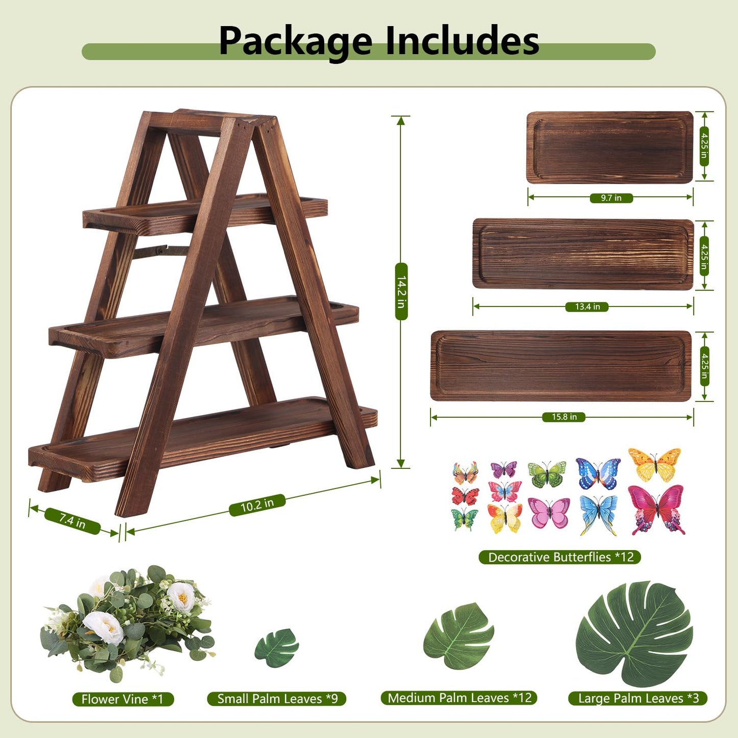 Wooden 3 Tier Cupcake Stand with Flower Vine, Palm Leaves & Decorative Butterflies, Cupcake Holder for Tea Party Supplies, Serving Trays for Party Perfect for Dessert Cups and charcuterie Cups