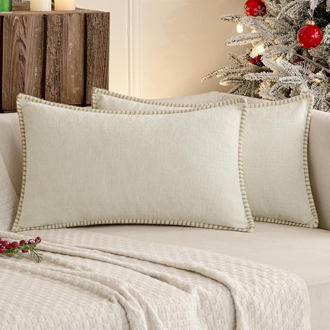 MIULEE Pack of 2 Lumbar Throw Pillow Covers 12x20 Inch Cream White Farmhouse Decorative Pillow Covers with Stitched Edge Soft Chenille Solid Dyed Pillow Covers for Couch Sofa Bed Living Room