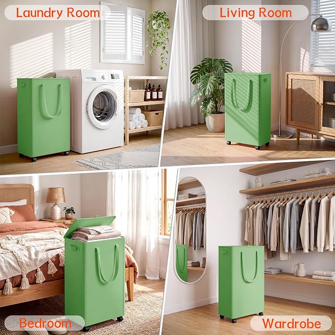 Slim Laundry Hamper with Wheels,15 Gal (55L) Rolling Laundry Basket with lid and wheels Clothes Hamper Foldable Tall Dirty Clothes Basket Sturdy Collapsible Clothes Hamper for Dorm,Laundry Room