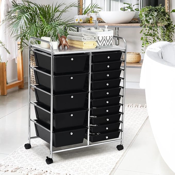 GOFLAME 15-Drawer Rolling Storage Cart, Craft Storage Cart with Removable Drawers & Lockable Wheels, Art Cart Supply Storage Organizer for Home Office Classroom, Black