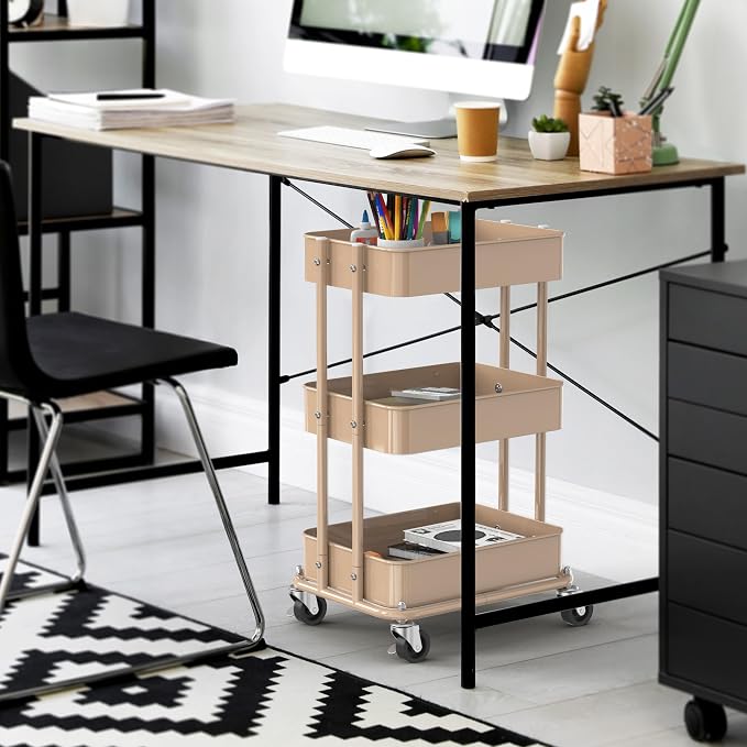 Simple Houseware 3-Tier Compact Utility Rolling Cart, Low 24” Height Fits Under Desk, Space-Saving Storage for Home Office, Dining Room, or Kitchen, Khaki