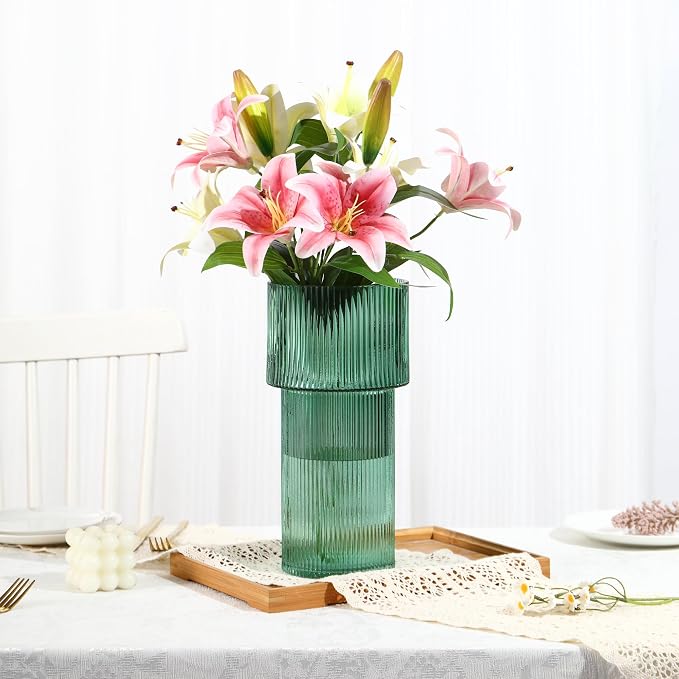 Large Glass Vase, 12 Inches Tall Vase for Flowers, Green Flower Vases for Bouquet, Modern Green Glass Vases for Living Room, Dining Table, Office, Entryway, Mantle, Shelf, Wedding Gifts