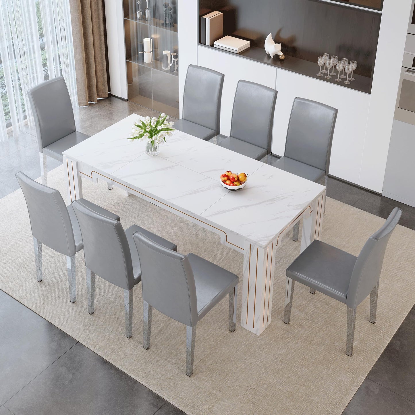 KEIKI 9-Piece Dining Table Set, 71" White Faux Marble Kitchen Table with 8 Light Gray PU Leather Chairs, Modern Dining Room Set with Silver Metal Legs, Large Rectangular Table for Home, Restaurant