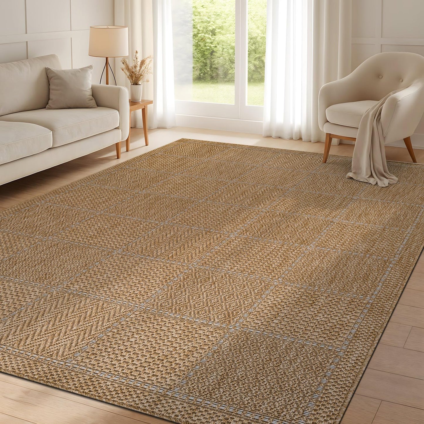Beverly Rug Easy Jute Checkered Squared Rug 9x12 Washable Large Indoor Outdoor Area Rugs for Living Dining Room Patio Office Stain Resistant Non Shedding Casual Indoor Outside Carpet 9 x 12 Natural