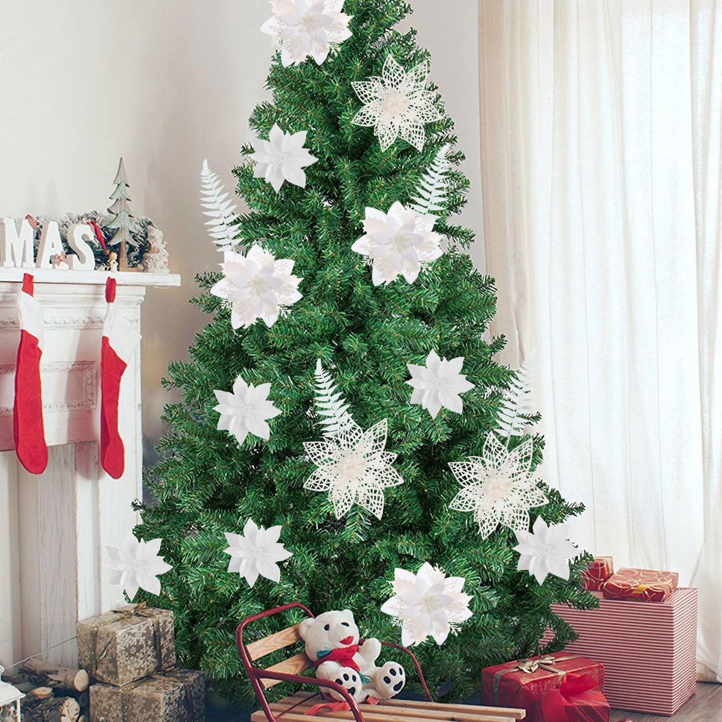 30 Pcs 3 Styles Poinsettias Artificial Christmas Flowers Decorations Set, 18 Poinsettia Flowers Artificial with 12 Christmas Tree Picks for Xmas Decor Holiday Party Decorations(White)