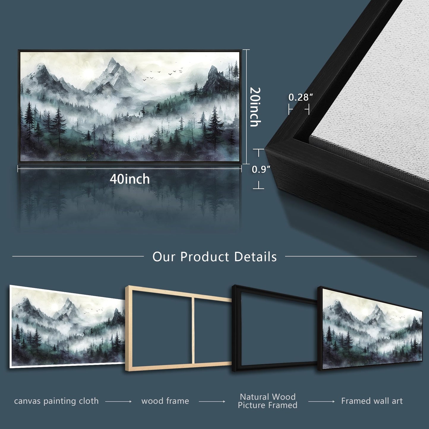 Wapluam Large Canvas Wall Art For Living Room Modern Wall Decor For Bedroom Trees Landscape Painting Foggy Forest Pictures Mountain Nature Art Canvas Prints Office Home Decor Black Framed 40x20