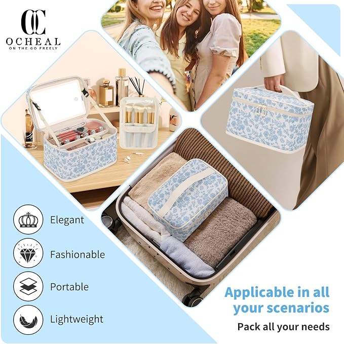 Makeup Bag With LED Mirror, Lightweight Travel Makeup Bag With 3 Color Setting Light Up Mirror Cosmetic Makeup Organizer Vanity Case for Women Beauty Tools Accessories Rechargeable Train Case-Floral