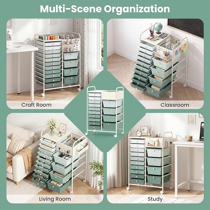 GOFLAME 14-Drawer Rolling Storage Cart with Pegboard, Craft Storage Cart with Lockable Wheels and Metal Frame, Art Cart Supply Storage Organizer for Home Office Classroom, Green Gradient