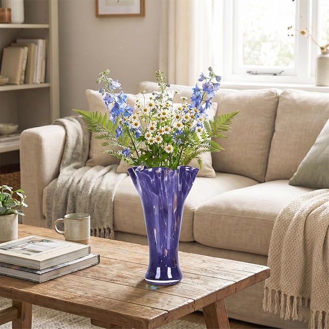 9.0" H Purple Glass Vases for Flowers, Unique Hand Blown Glass Vase Purple Home Decor, Wide Mouth Colorful Flower Vase Centerpieces, for Living Room Table Bookshelf, Bathroom Office Shelf Decorative