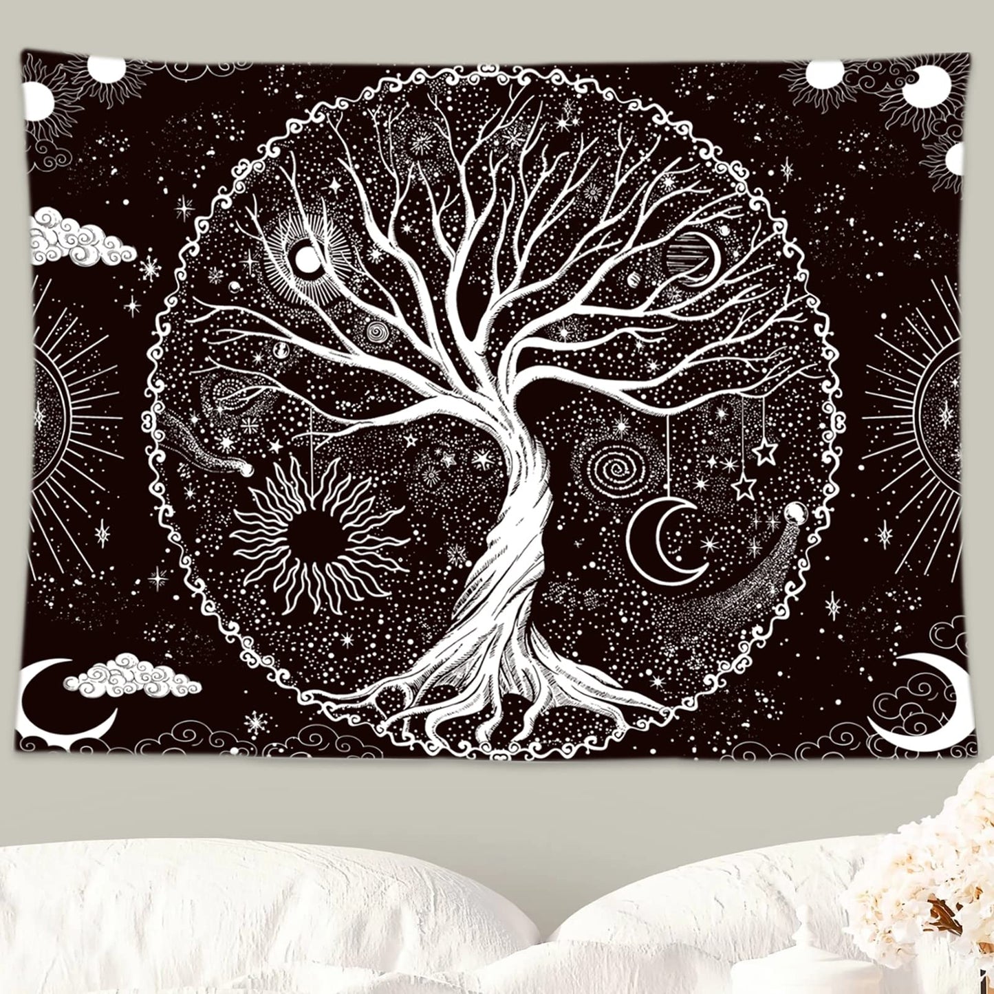 Wonrizon Tree of Life Tapestry,Black and White Galaxy Space Tapestries Aesthetic Psychedelic Wall Hanging decor for Living Room Bedroom (51.2" x 59.1")