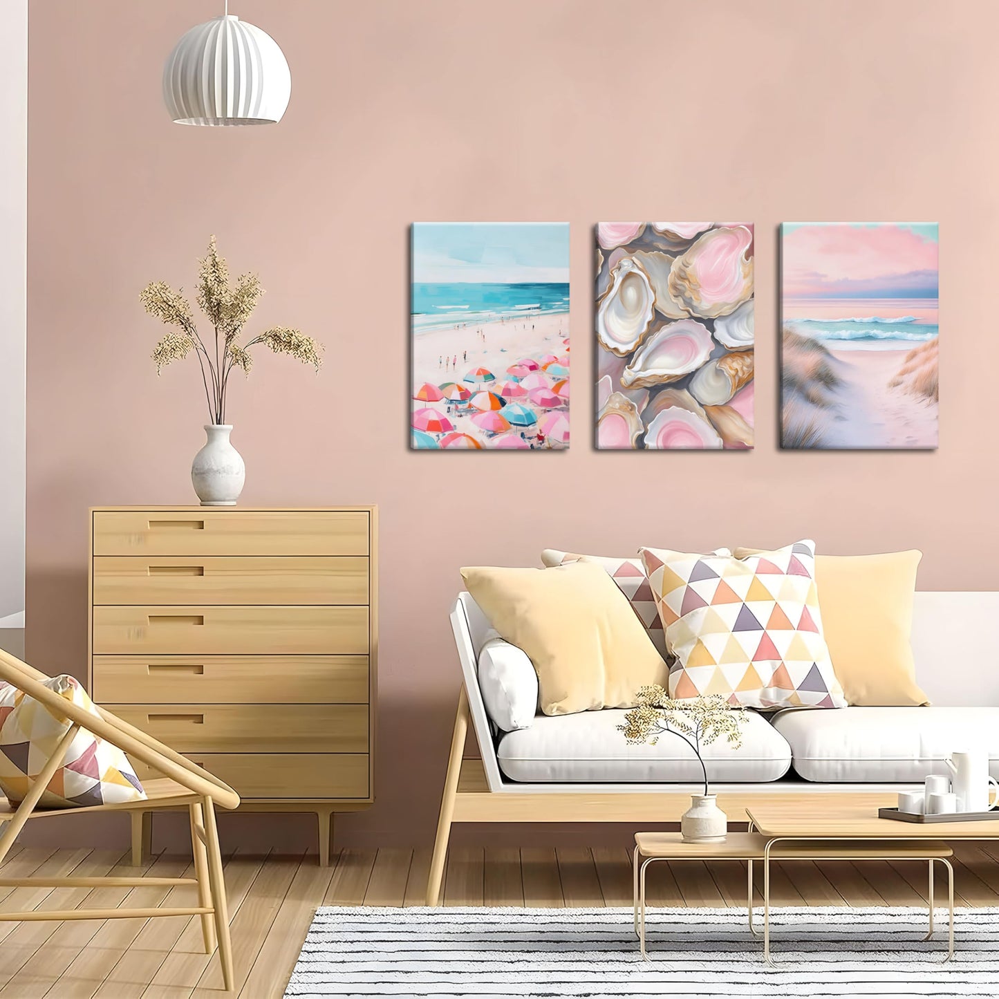 Preppy Coastal Canvas Wall Art Set of 3, Trendy Pink Beach Wall Decor Paintings, Summer Beachy Shells Oyster Aesthetic Posters Prints Pictures for Girls Room Dorm Bathroom Bedroom 12x16 Inch Framed