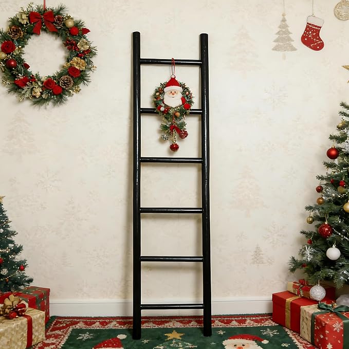 Wooden Blanket Ladder - 76in Natural & Motley Wood - Leaning Wall Decor for Bedroom, Bathroom, Living Room - Rustic Quilt Holder & Towel Rack (Black, 76in | Pre Assembled)