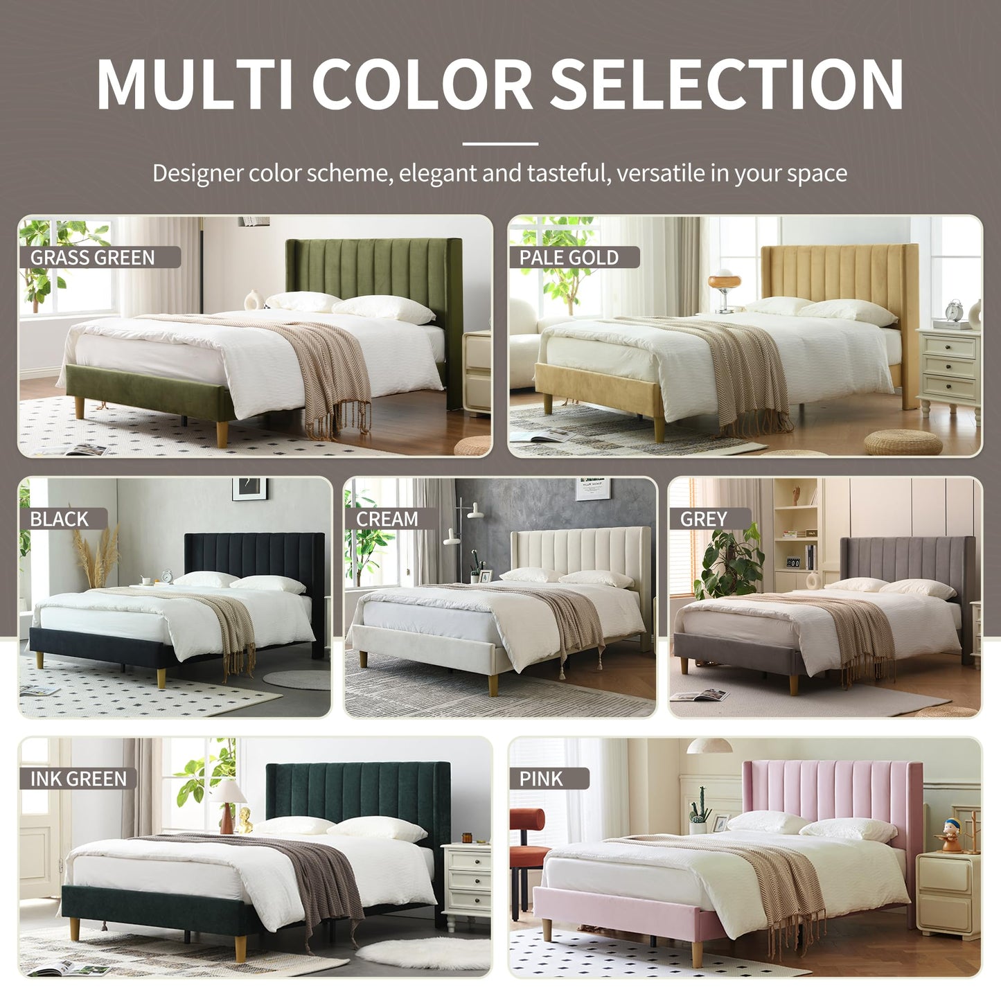 YUHUASHI upholstered Platform Bed Frame/Full Bed Frame/Modern Geometric Double-Wing Design headboard/Velvet Fabric/Easy to Assemble no Noise (Grass Green, Full)