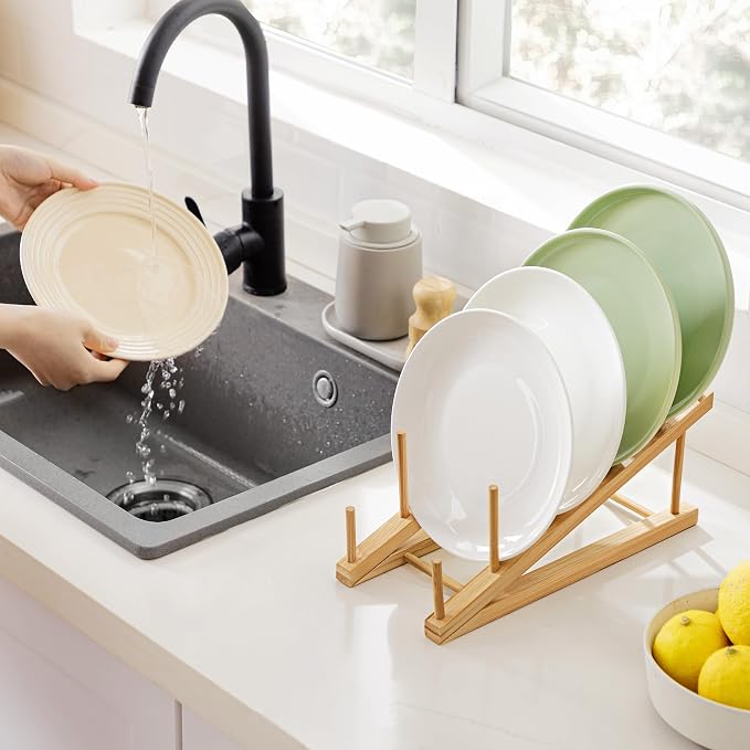 HBlife Bamboo Wooden Dish Drying Rack, 2 PCS Plate/Dish/Book/File/Bowl/Cup/Cutting Board/Pot Lid Organizer for Kitchen Counter, Office, Display Cabinet