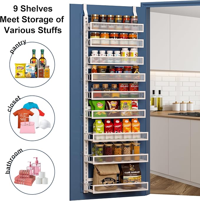 Over the Door Pantry Organizer 9 Tier Hanging Door or Wall Mounted Spice Rack with Adjustable Acylic Basket,Heavy Duty Metal Seasoning Storage Shelf for Kitchen Pantry and Bathroom White