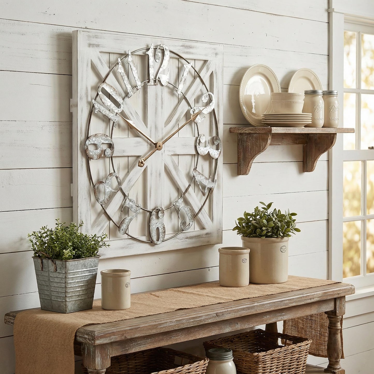 EMAX HOME Large Farmhouse Wall Clock – 24 Inch White Square Rustic Wooden Clock with Decorative Reversible Wooden Sign, Perfect for Any Space and Ideal Gift
