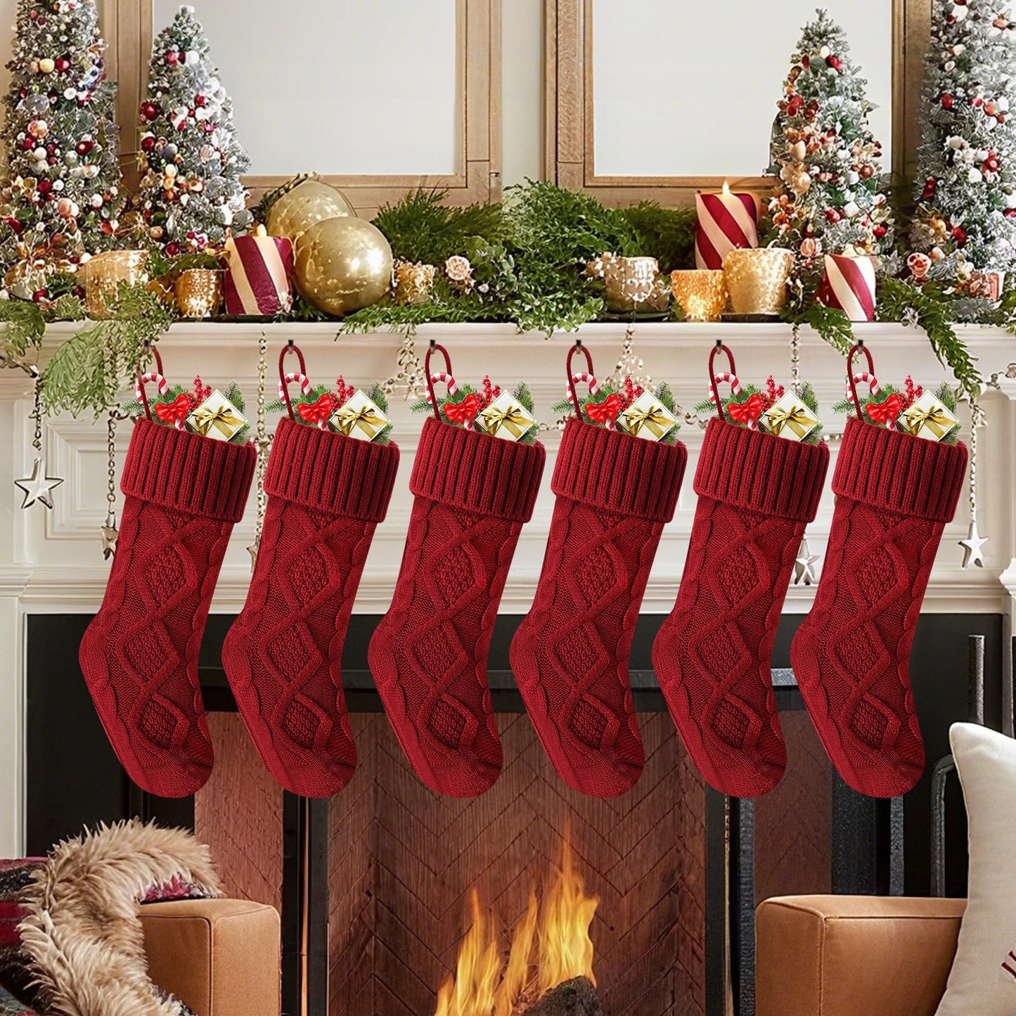 Doitory Christmas Stockings 18 Inches,Long Knitted Socks Christmas Decoration Hanging Stocking Fireplace Xmas Tree Stocking for Home Family(6P-red)