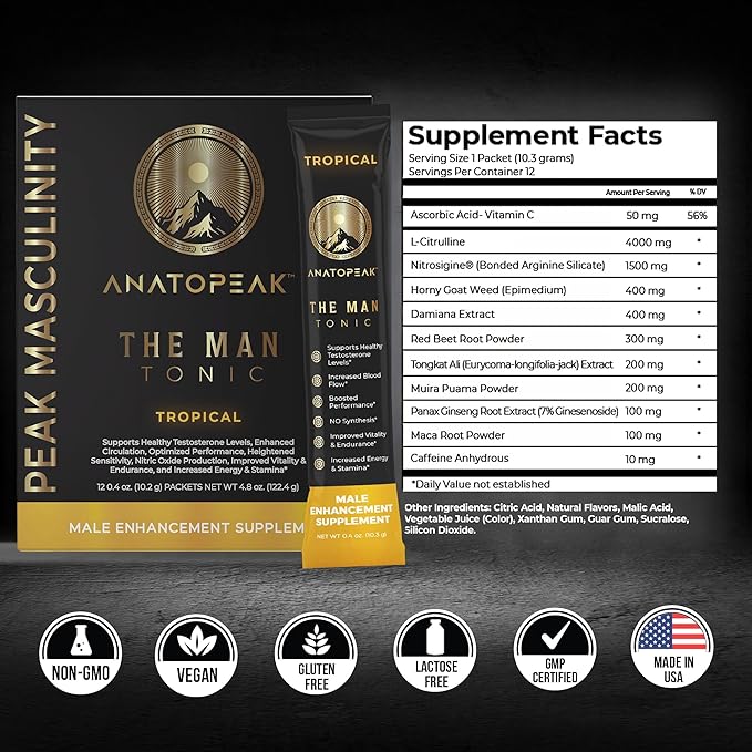 Male Enhancing Supplement Powder ??Testosterone Supplement for Men with Tongkat Ali, Maca Root, Horny Goat Weed Powder, Beet Root & L-Citrulline ??Nitric Oxide Booster (1 Stick Pack) - Tropical
