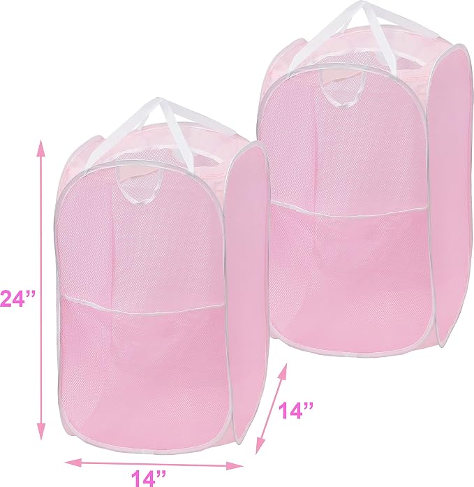 Simple Houseware Mesh Pop-Up Laundry Hamper Basket With Side Pocket, Pink - 2 Pack