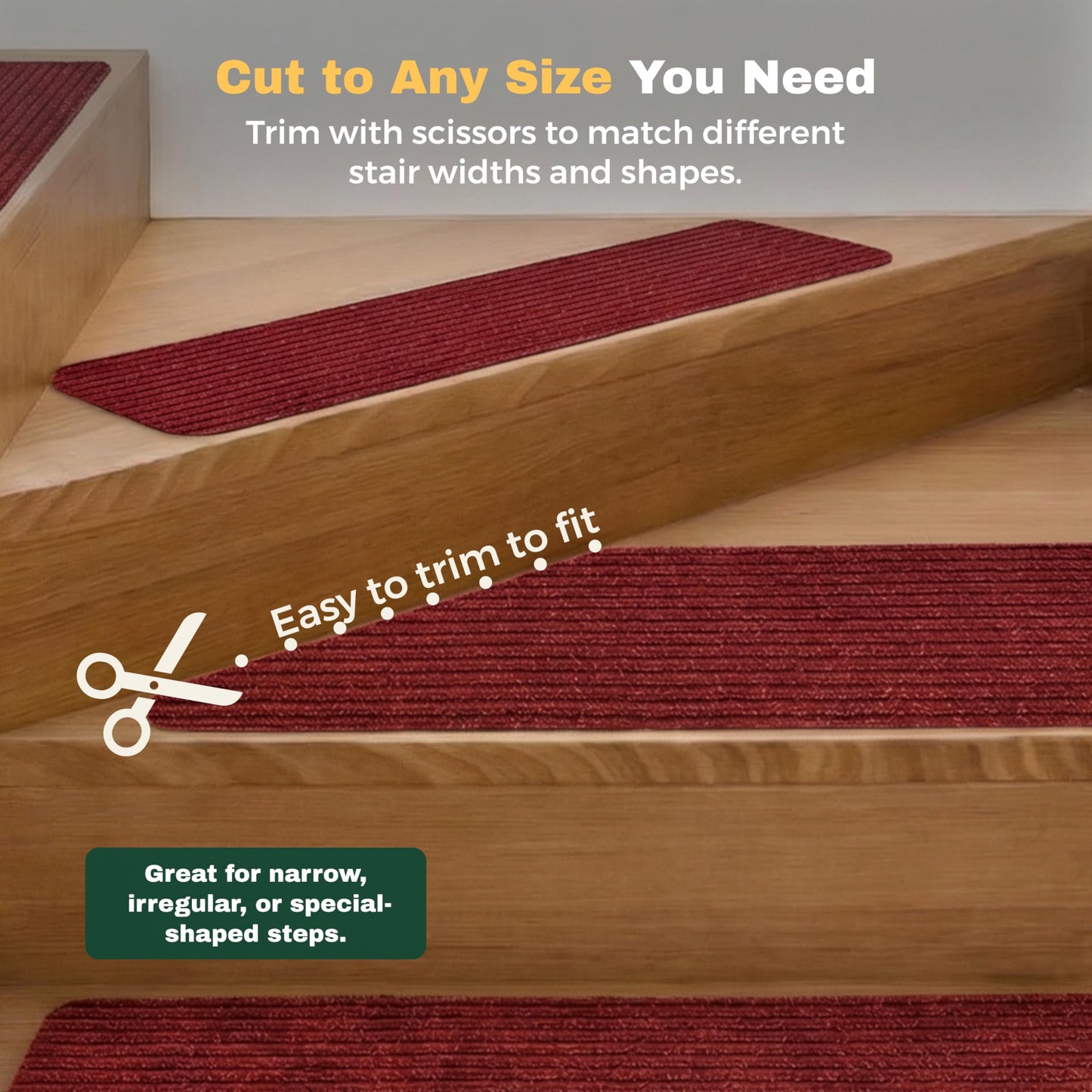 MBIGM 8" X 30" (15 in Pack) Non-Slip Carpet Stair Treads Non-Skid Safety Rug Slip Resistant Indoor Runner for Kids Elders & Pets w/Reusable Adhesive Red Anti-Slip Stair Strips - Washable Stair Treads
