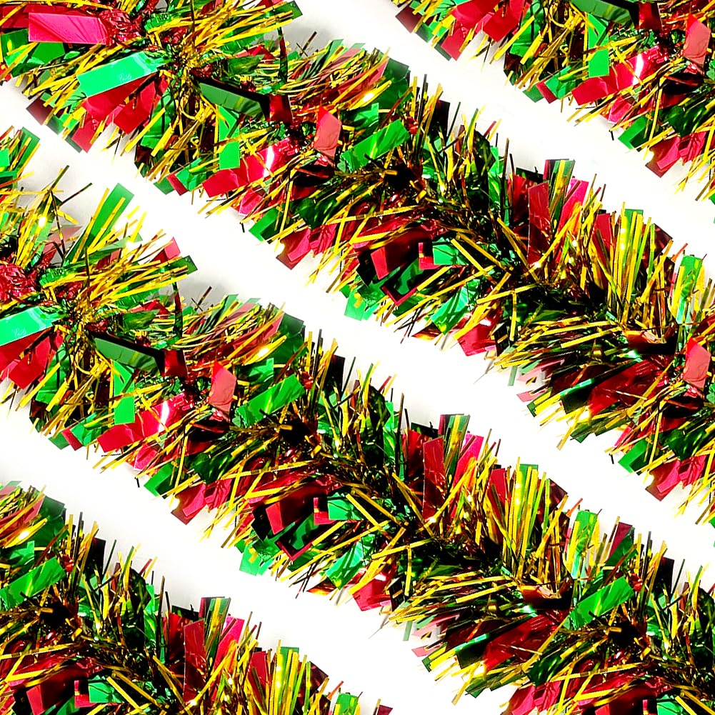 Christmas Tinsel Garland - 33 Ft Shiny Metallic Tree Winter Xmas Garland Glitter Tinsel Hanging Twist Hanging Decorations for Christmas Party Holiday Supplies (Gold Red Green)