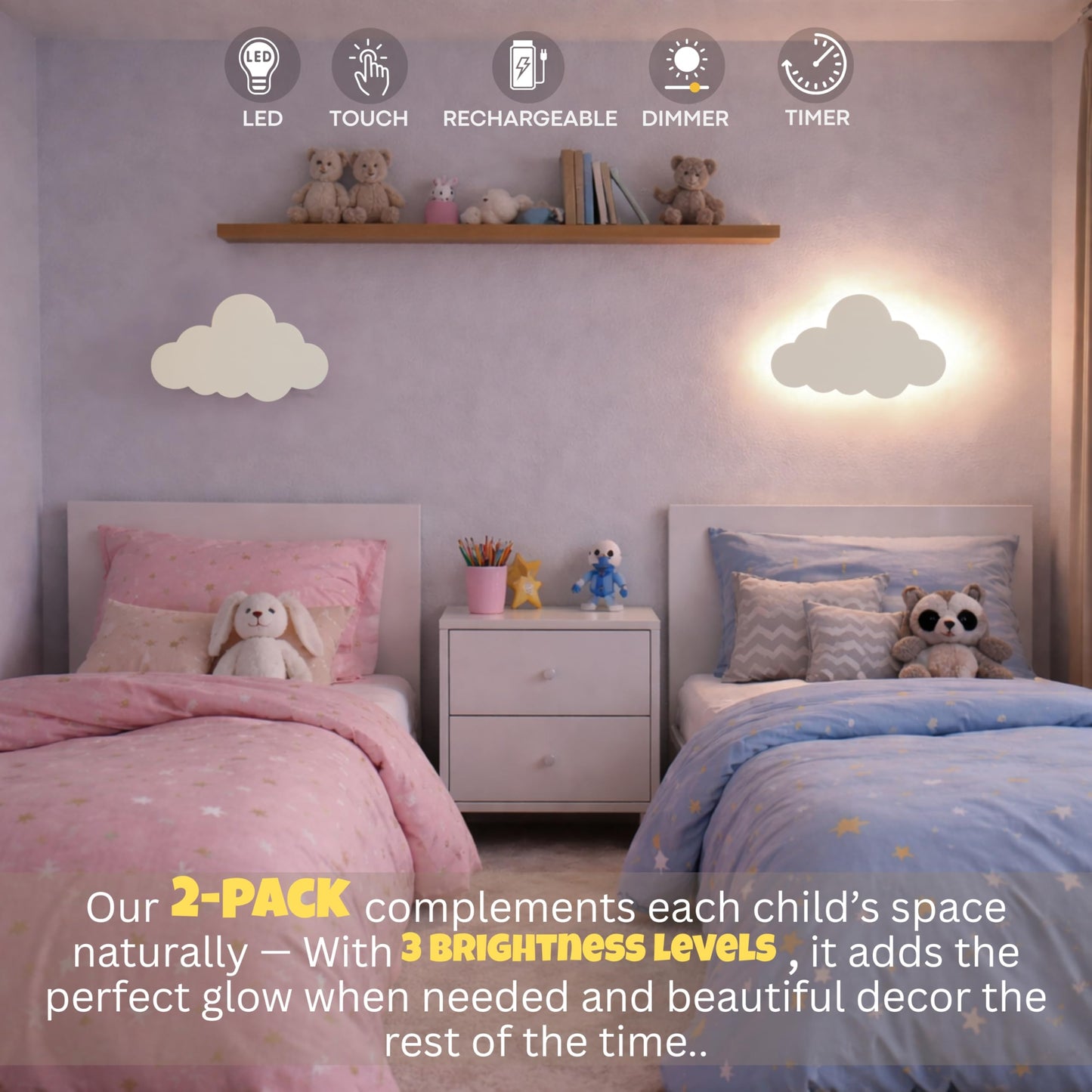 KALEOLI Cloud Wall Lights 2 Pack for Nursery – Dimmable & Rechargeable Night Lights for Baby Room Decor (Star Decals Included)