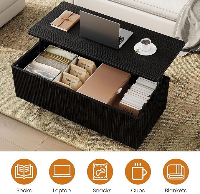 FABATO Mid Century Modern Coffee Table, Wooden Fluted Center Table with Large Hidden Compartment, 41.7” Rectangle with Round Corners, Lift Up Farmhouse Wood Table for Living Room, Home Office, Black