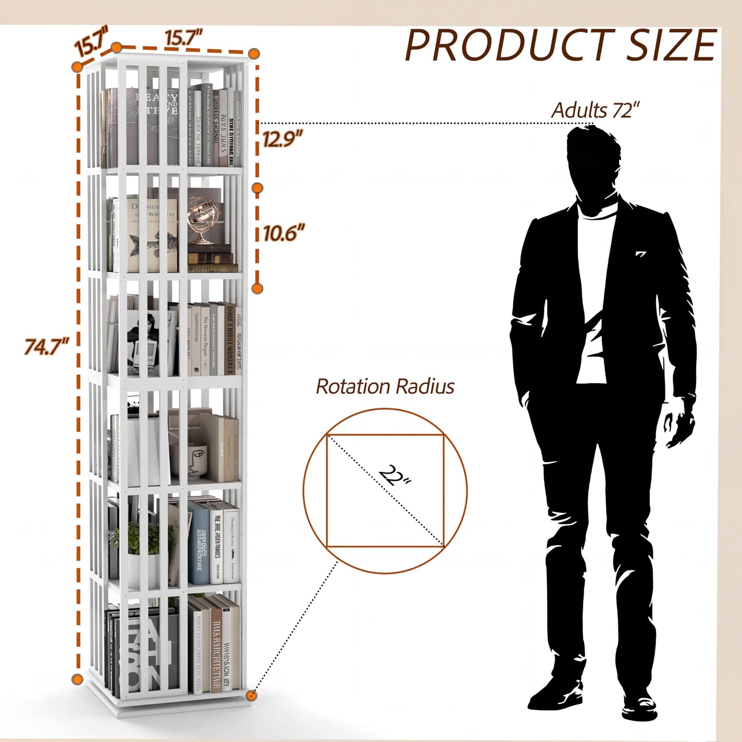Raykion Rotating Bookshelf Tower, 6 Tier Bamboo Spinning Book Shelf, 360 Revolving Bookcase for Small Space Corner, Large Capacity Swivil Bookshelf for Living Room Bedroom Home Office, White